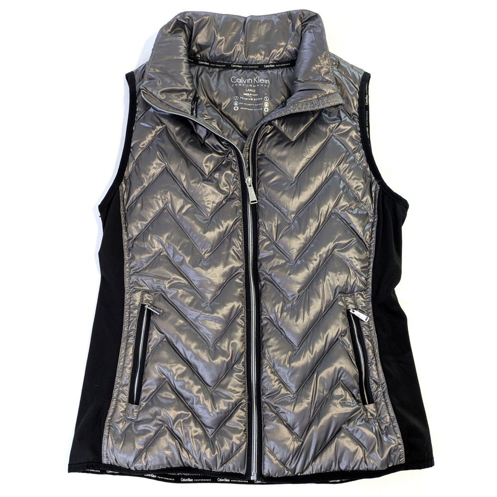 Calvin Klein Performance Metallic Grey Down Puffer Vest Large Chevron Quilted